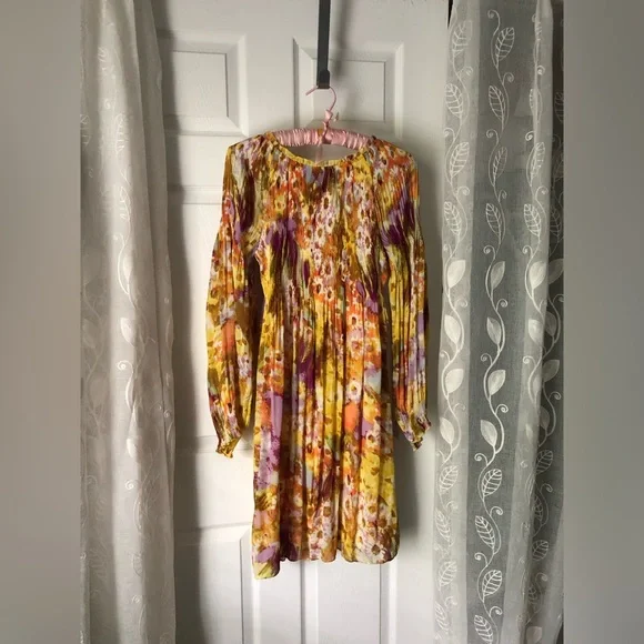 Sunny Leigh bright color floral short Hippie dress flutter sleeve women sz S - Picture 9 of 11